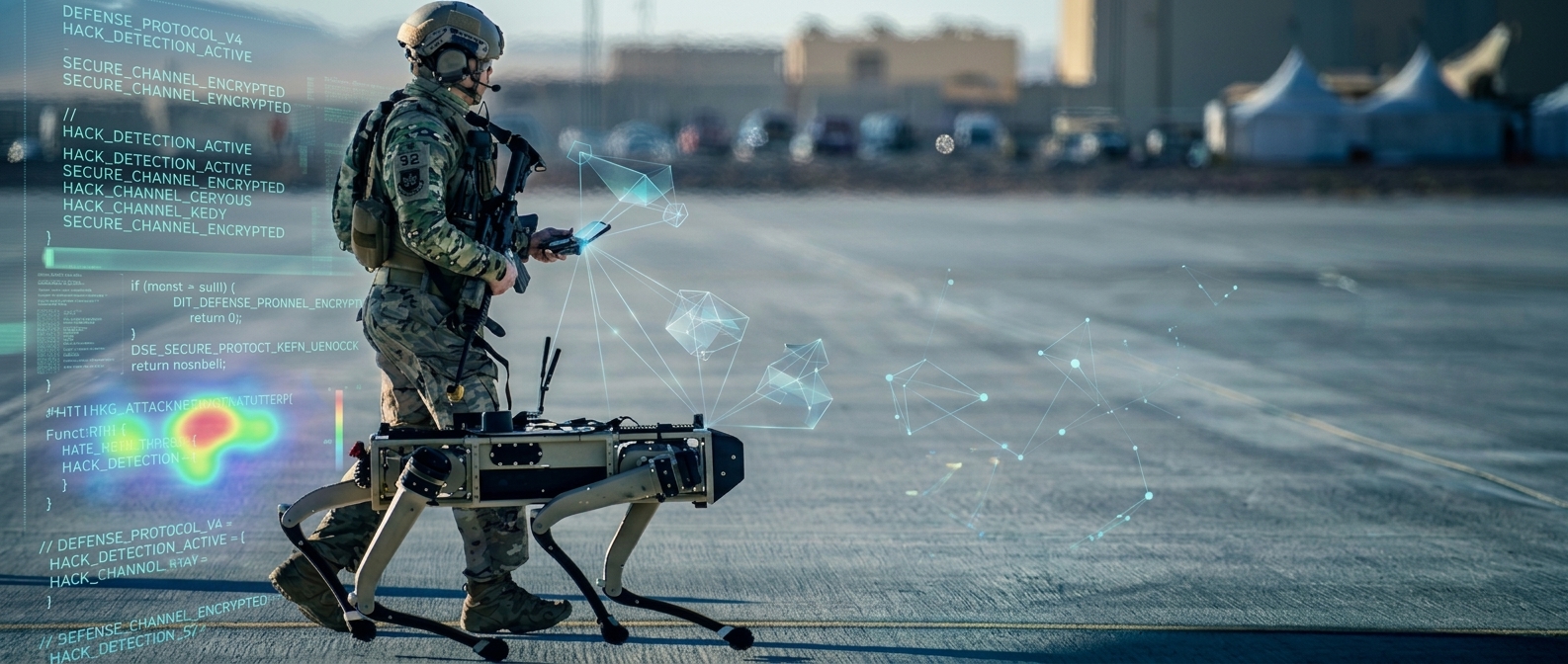 Global digital map showing cyber defence networks, satellites, drones, and a glowing security shield representing AI-powered cyber warfare.